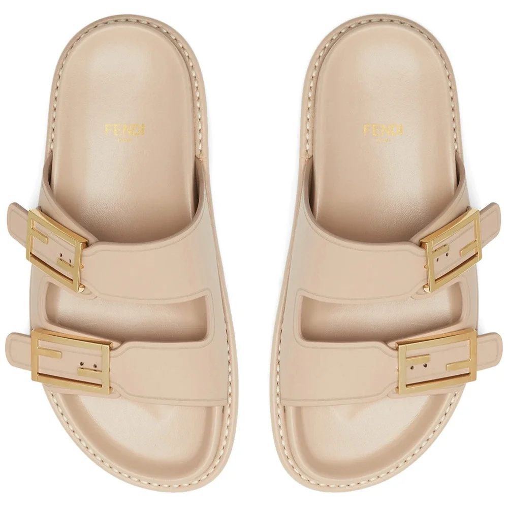 Fendi Feel Dual Strap Beige Leather Gold Logo Buckle Mule Flat Sandal Slide 39.5